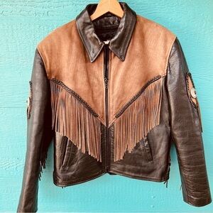 LEATHER KING BLACK BROWN FRINGE HEAVY MOTORCYCLE JACKET SIZE LARGE EUC